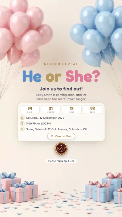 He or She, Gender Reveal invitation design