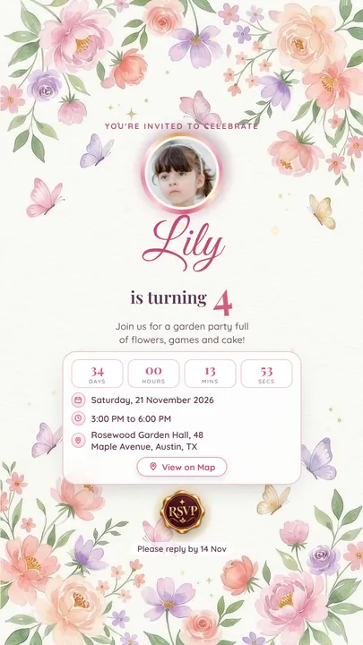 Blossom & Butterflies, Kids invitation design