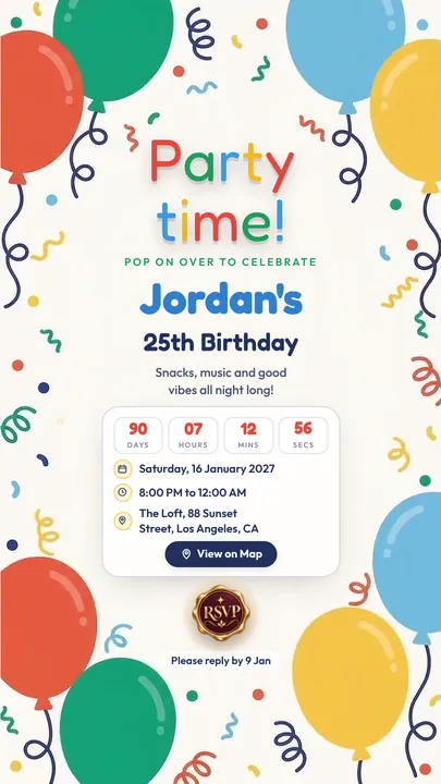 Party Time, Fun & Colorful invitation design
