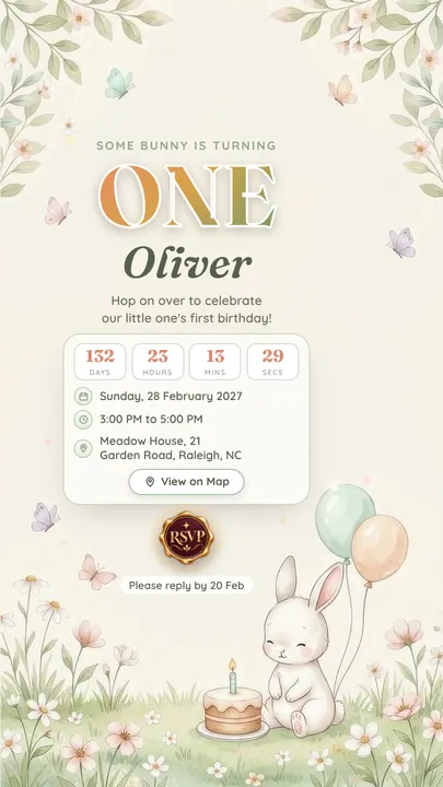 Little Bunny Garden, 1st Birthday invitation design