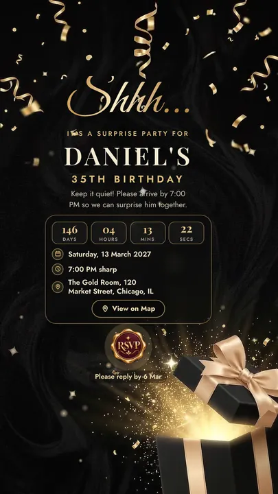 Black & Gold Secret, Surprise Party invitation design