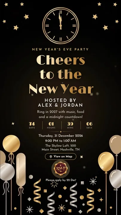 Midnight Clock, New Year's Eve invitation design